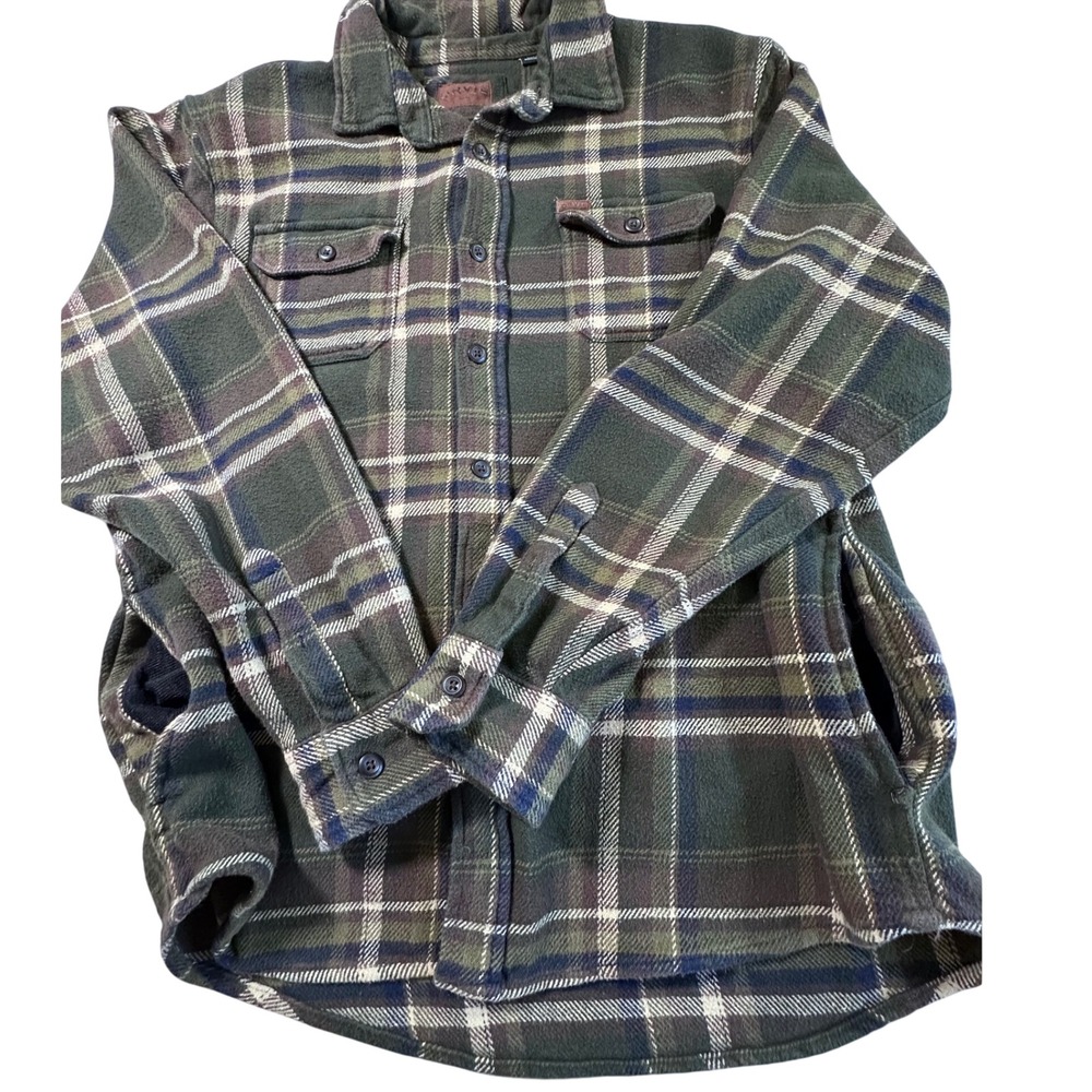 Orvis Mens XL Green Plaid Flannel Shirt Jacket Heavy Cotton Long Sleeve Pockets